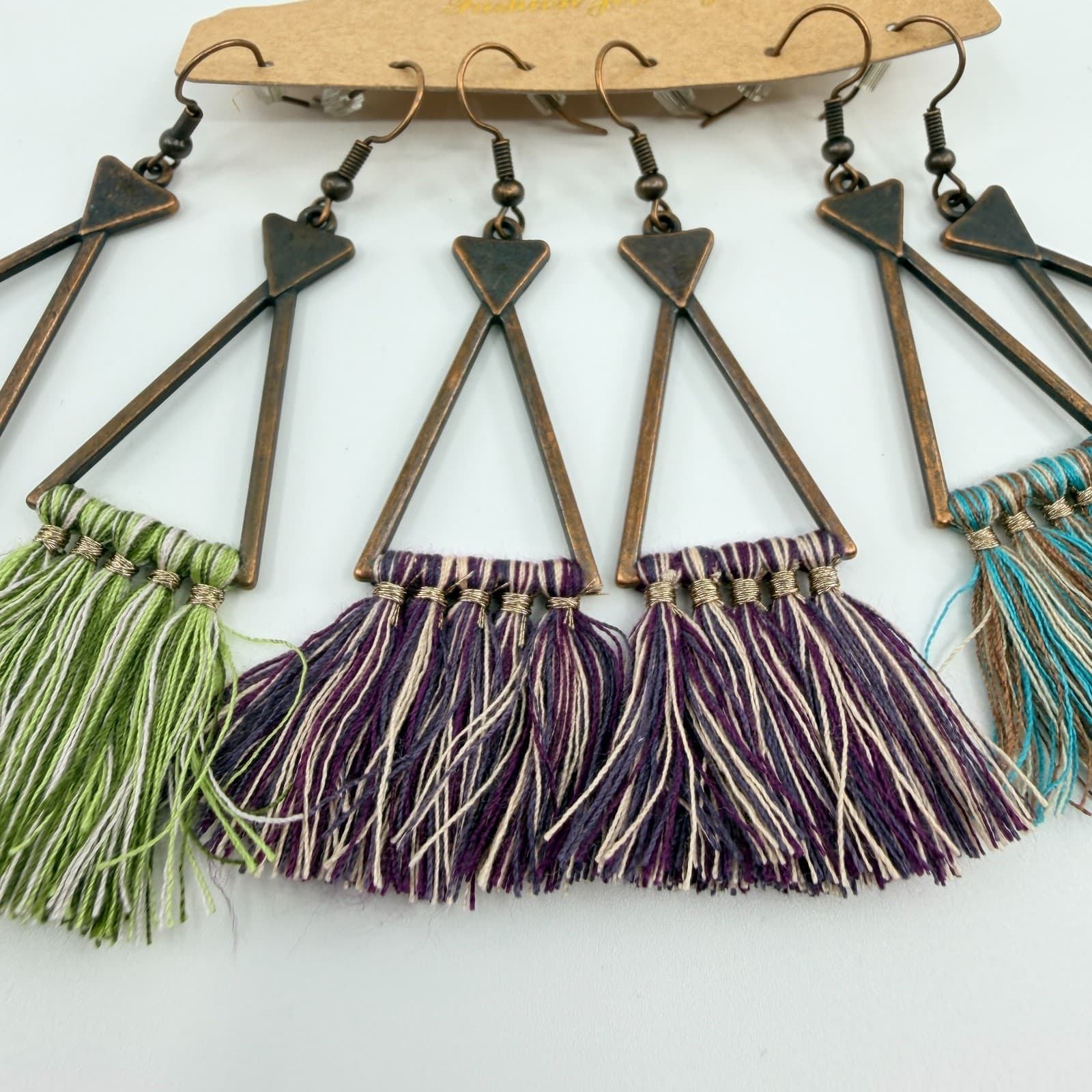 3 Pair Set Bohemian Bronze Triangle Tassel Earrings Green Purple Teal Fringe 90s - Thumbnail 3