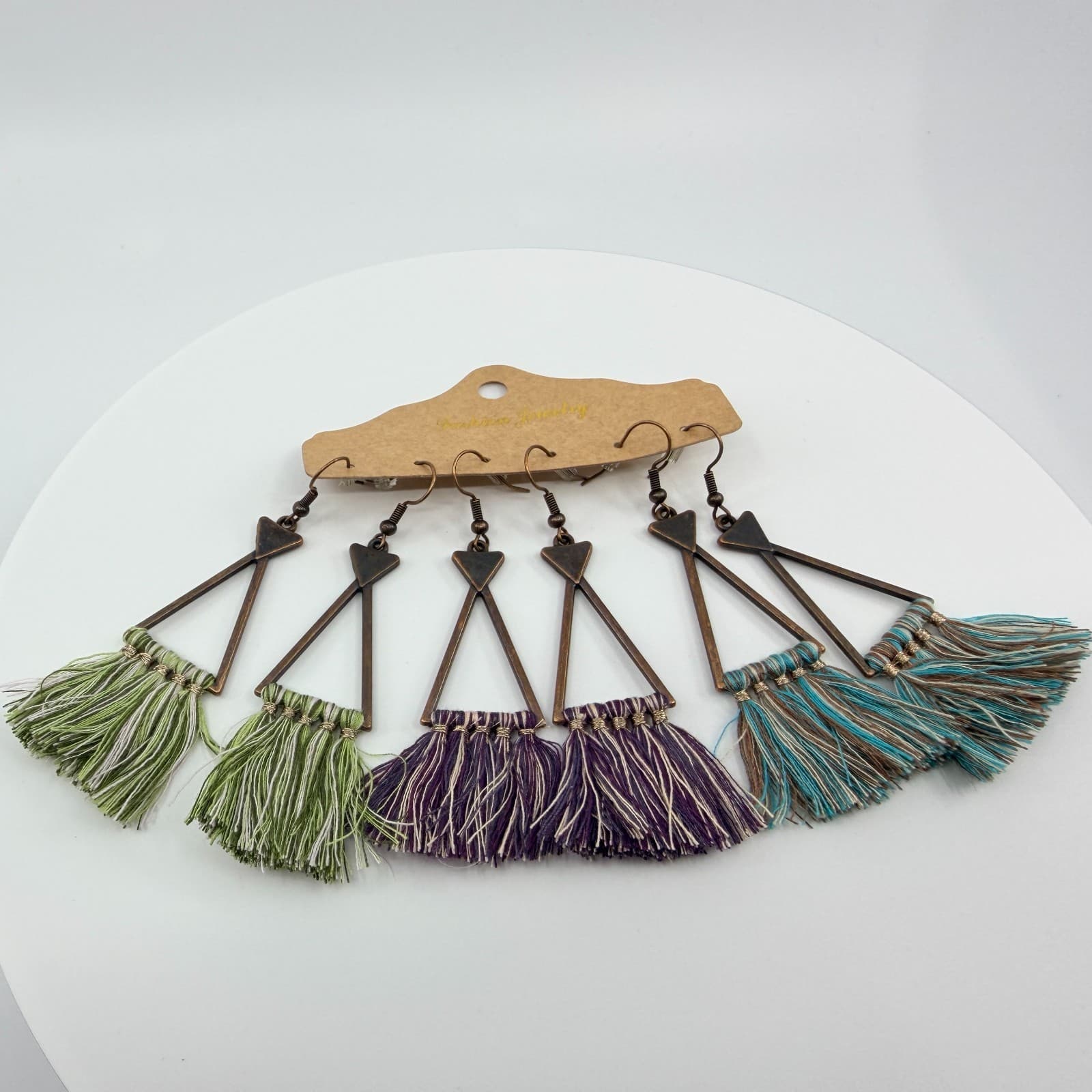 3 Pair Set Bohemian Bronze Triangle Tassel Earrings Green Purple Teal Fringe 90s - Thumbnail 6