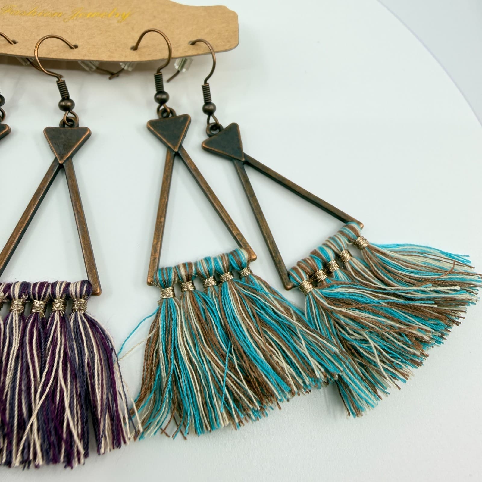 3 Pair Set Bohemian Bronze Triangle Tassel Earrings Green Purple Teal Fringe 90s - Thumbnail 4