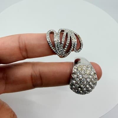 Vintage Silver Tone Pavé Rhinestone Cocktail Ring Set Dome Swirl Statement 90s - Thumbnail 9
