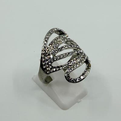 Vintage Silver Tone Pavé Rhinestone Cocktail Ring Set Dome Swirl Statement 90s - Thumbnail 4