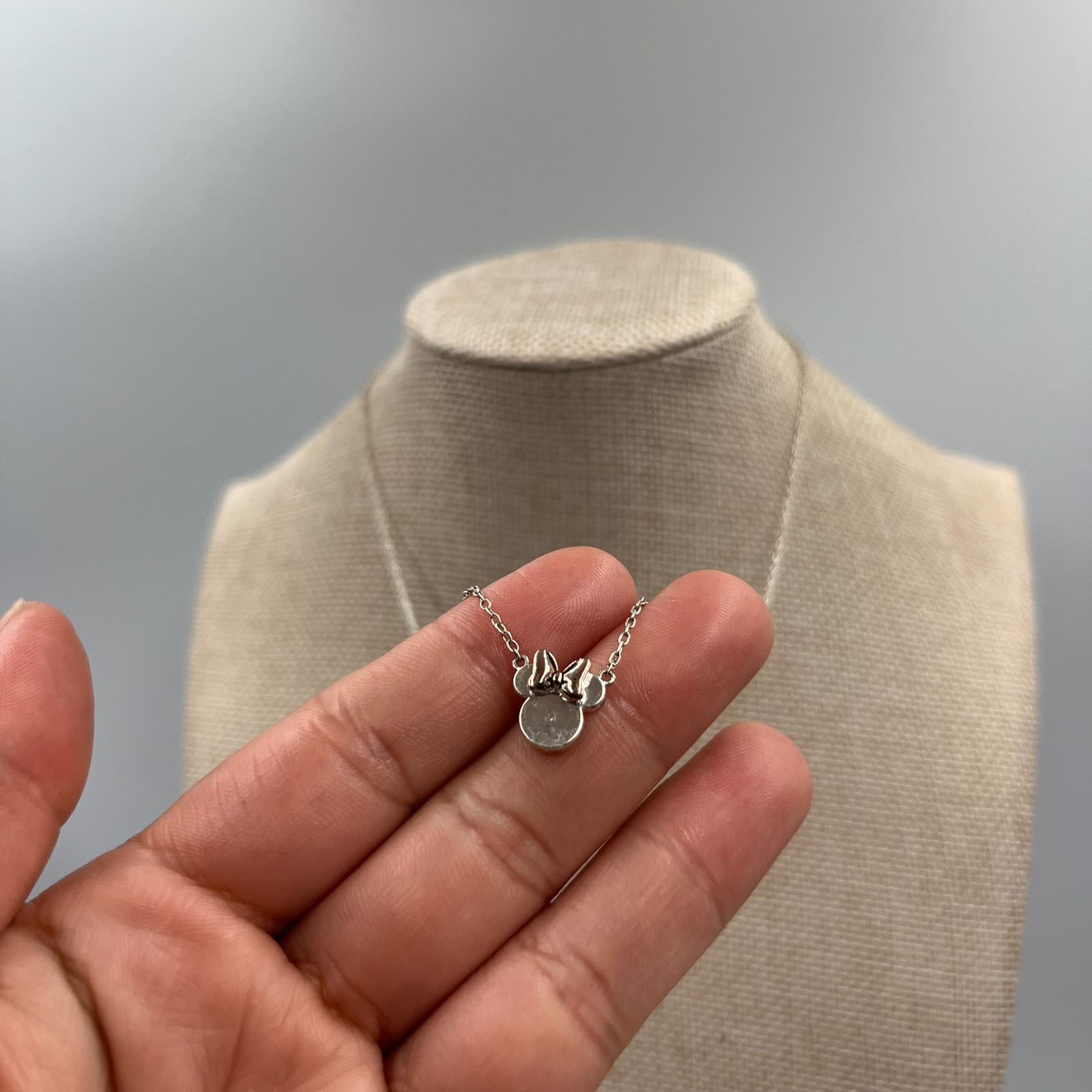 Vintage Disney Minnie Mouse Silver Tone Necklace Rose Gold Bow Crystal - Thumbnail 3