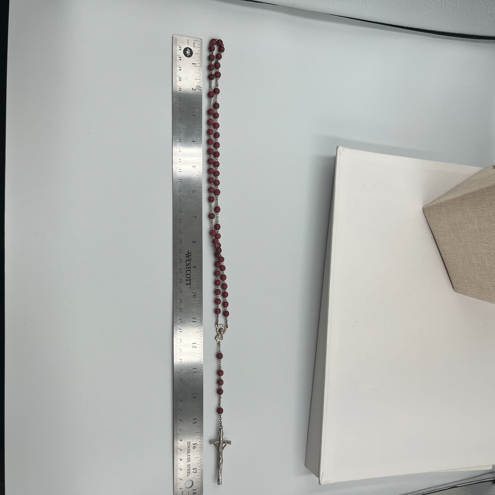 Vintage Catholic Rosary Red Glass Beads Silver Tone Crucifix Italy Prayer Cross - Thumbnail 10
