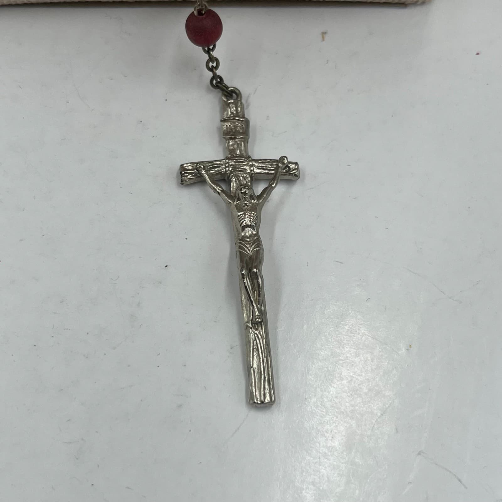 Vintage Catholic Rosary Red Glass Beads Silver Tone Crucifix Italy Prayer Cross - Thumbnail 4