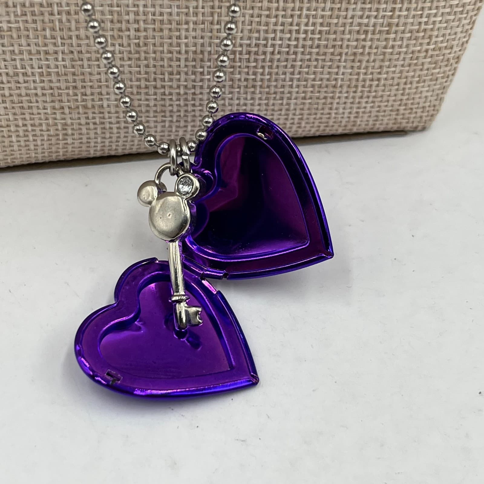 Vintage Disney Mickey Mouse Purple Heart Locket Necklace & Key Charm Gold Tone - Thumbnail 5