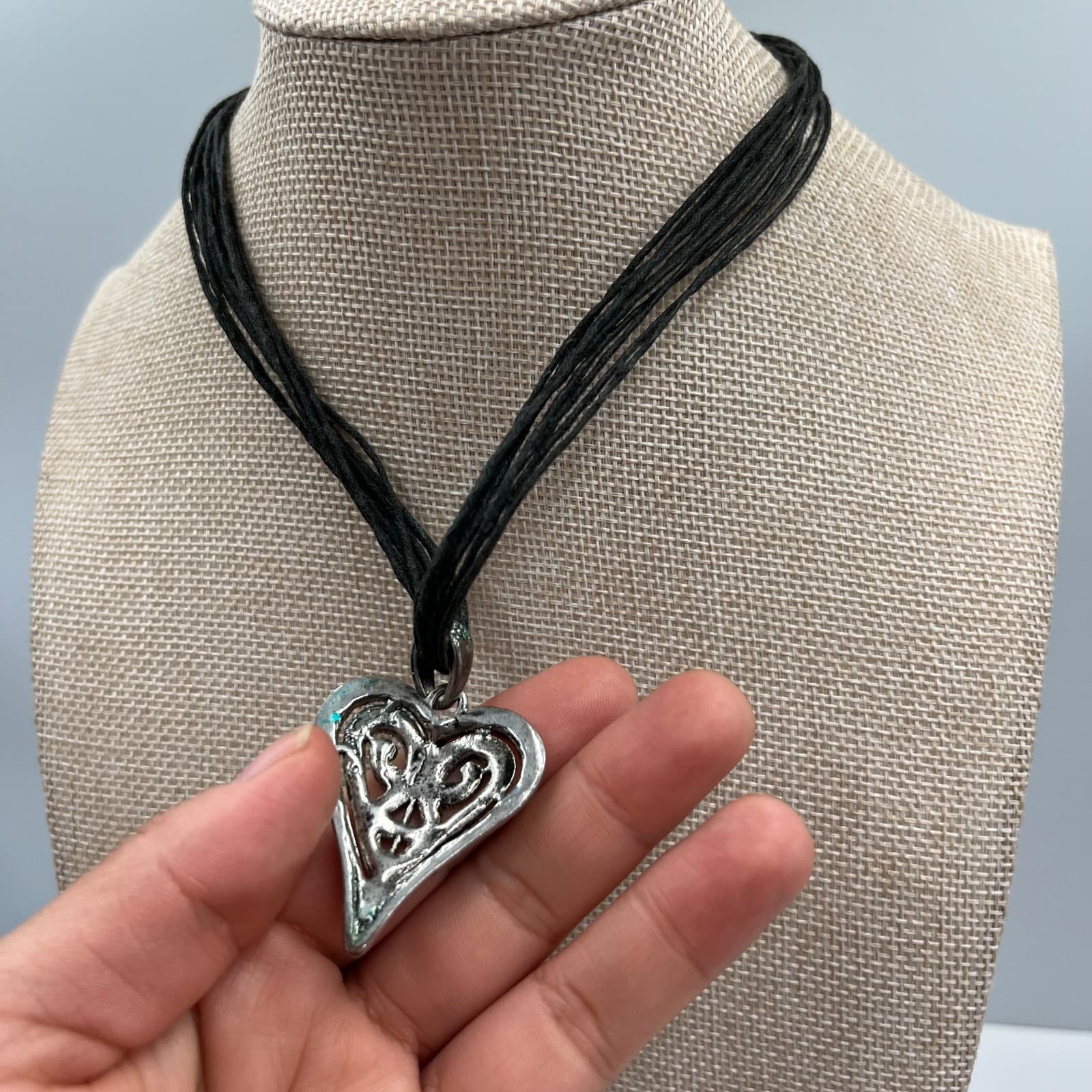 Vintage Marcasite Heart Pendant Necklace Multi Strand Black Cord - Thumbnail 4