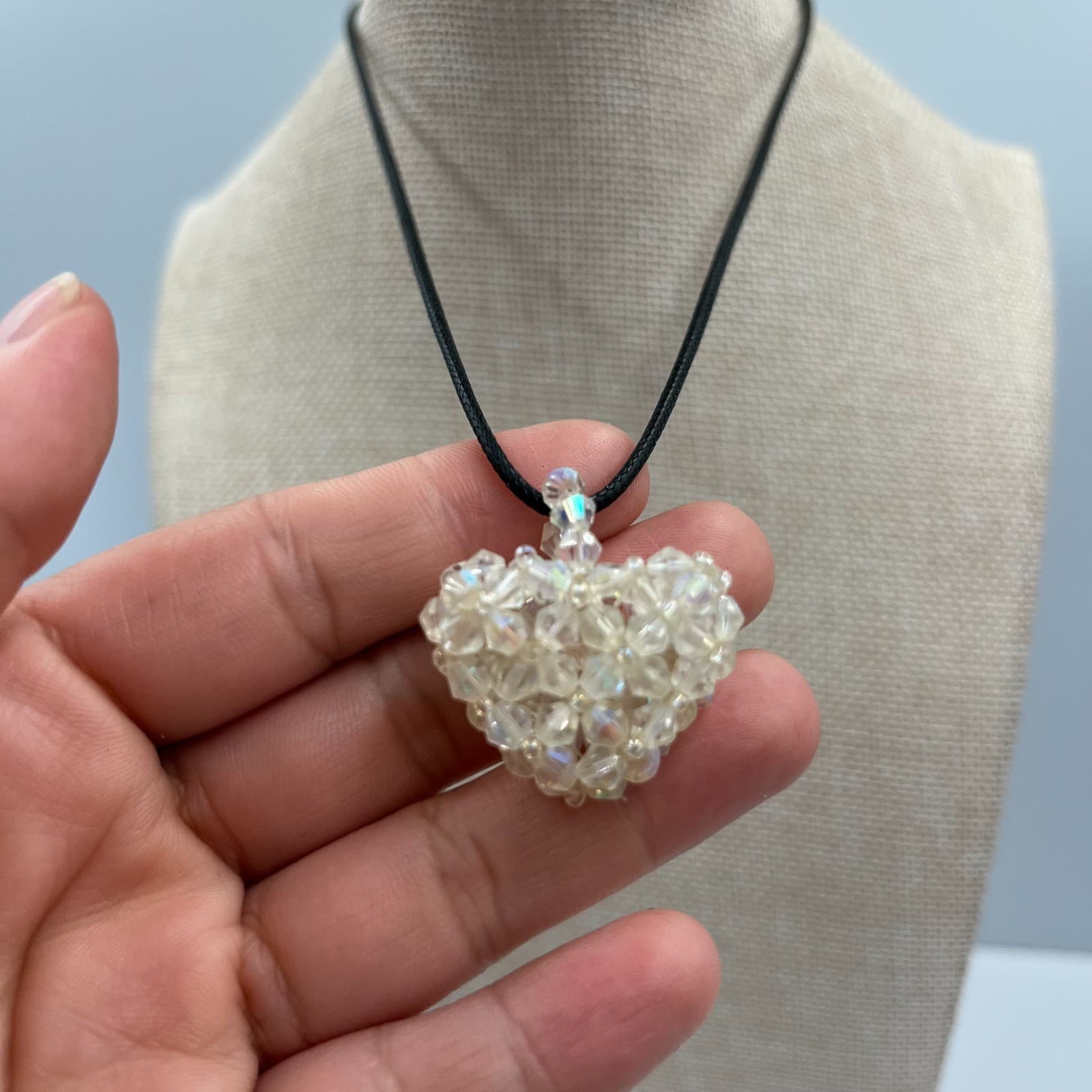 Vintage Crystal Heart Pendant Necklace Signed Silver Tone 18" Chain - Thumbnail 3