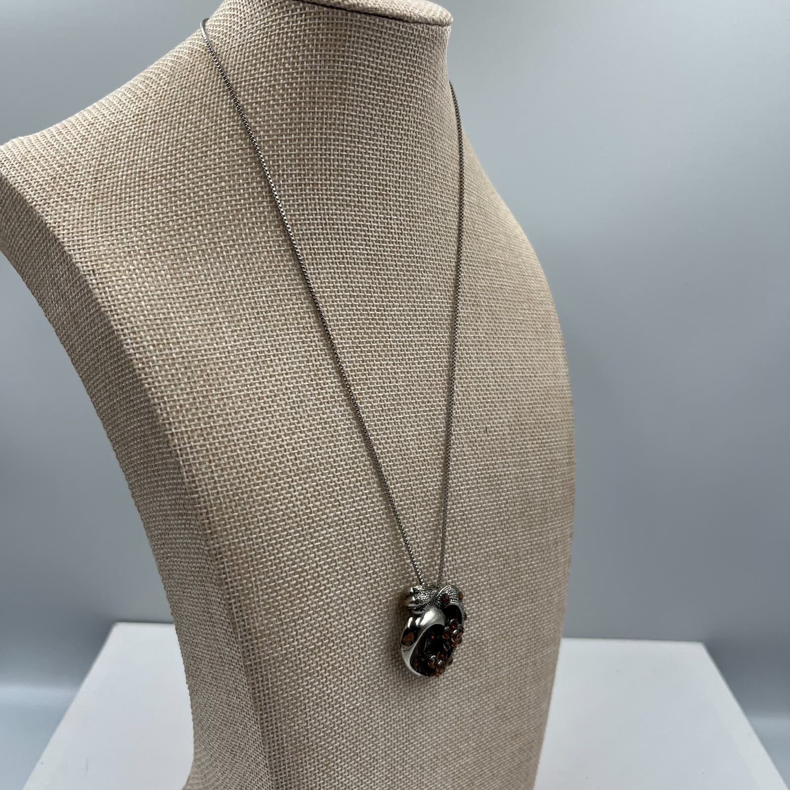 Vintage Silver Tone Amber Rhinestone Heart Pendant Necklace 18" Costume Jewelry - Thumbnail 6