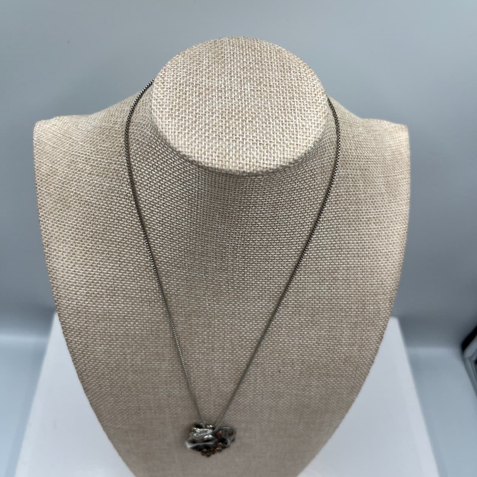 Vintage Silver Tone Amber Rhinestone Heart Pendant Necklace 18" Costume Jewelry - Thumbnail 5