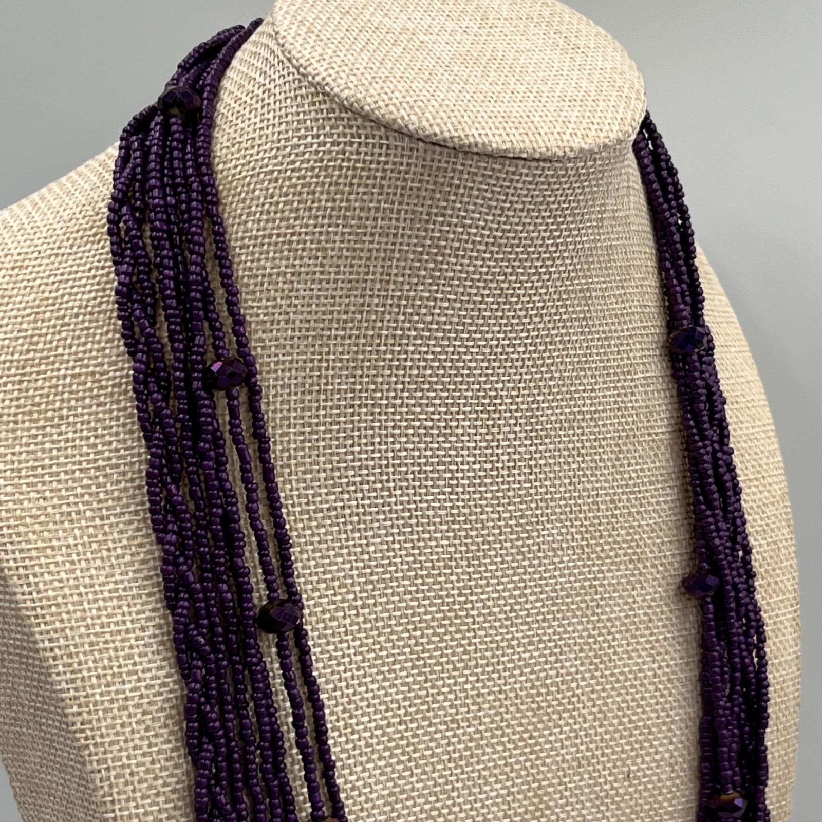 Vtg Purple Multi Strand Seed Bead Necklace Faceted Glass Accents Boho Statement - Thumbnail 5