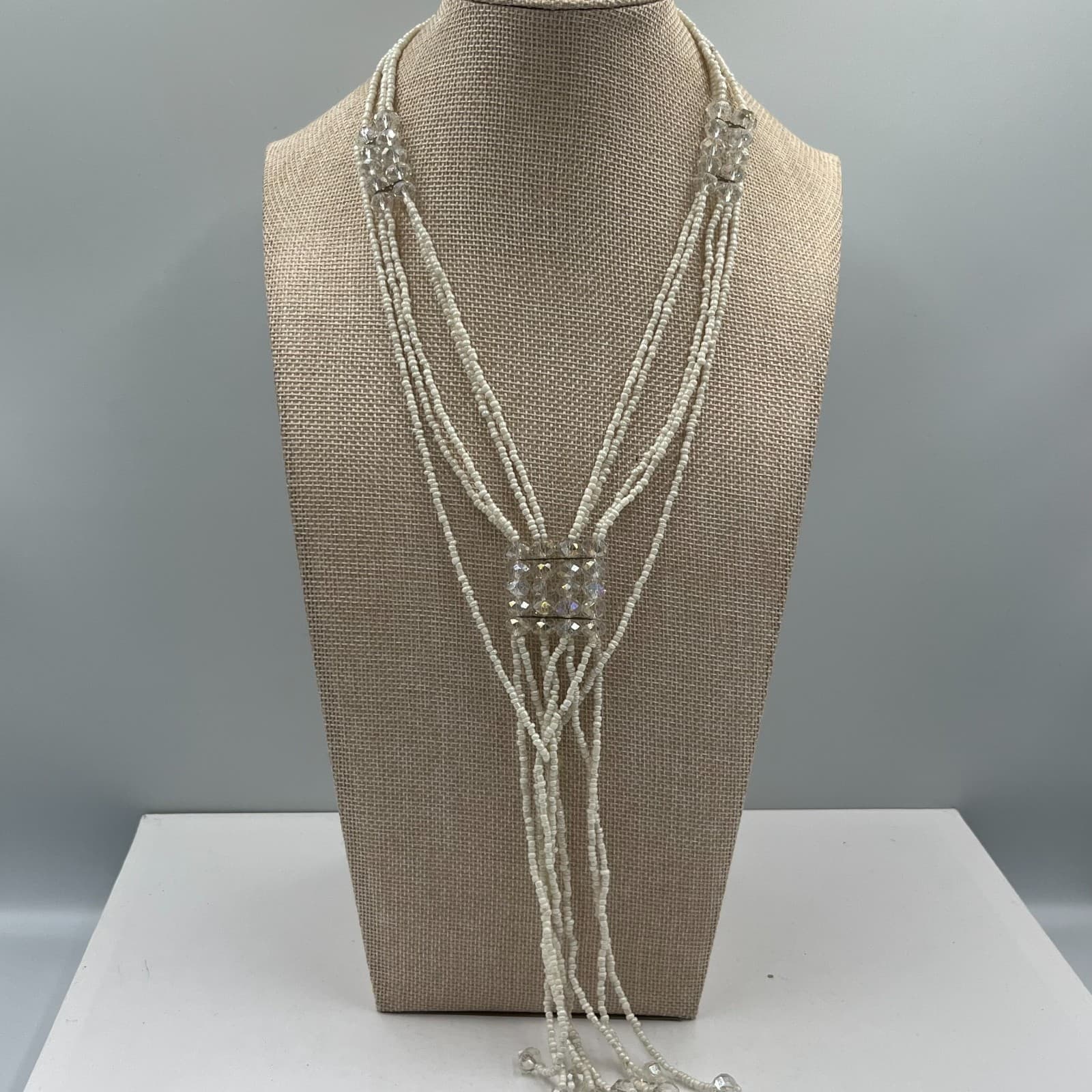 Vintage White Seed Bead Multi Strand Lariat Necklace Crystal Accents Bridal Boho - Thumbnail 6