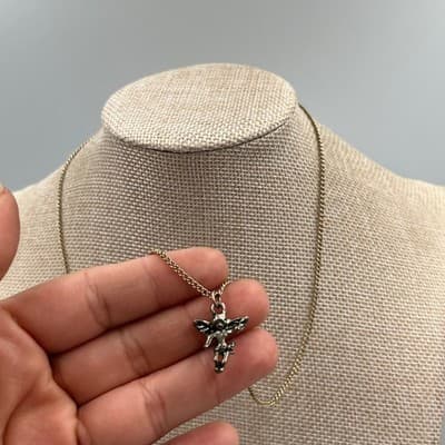 Vintage Gold Tone Metal Chain Cherub Angel Pendant Necklace Dainty Figural 20" - Thumbnail 5