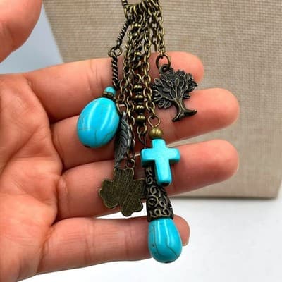 Vintage Turquoise Style Beaded Charm Necklace Bronze Tone Cross Tassel Pendant