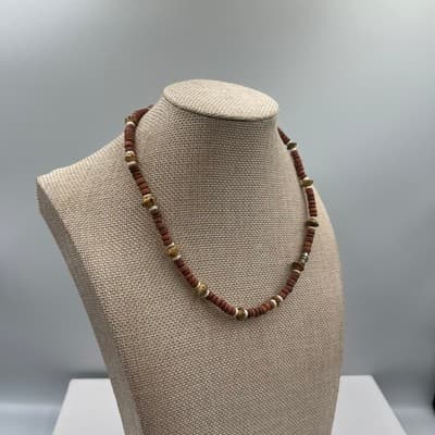 Vintage Earth Tone Beaded Necklace Brown Disc Beads Speckled Accent Boho Style - Thumbnail 4