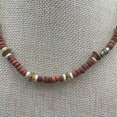 Vintage Earth Tone Beaded Necklace Brown Disc Beads Speckled Accent Boho Style - Thumbnail 3