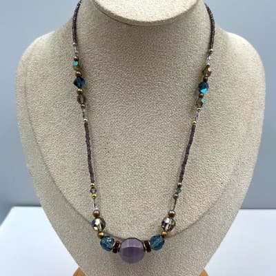 VTG Multicolor Beaded Statement Necklace Purple Blue Faceted Beads Chunky Center