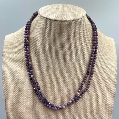 Vintage Purple Marbled Stone Bead Necklace Long Strand Round Layering Bohemian