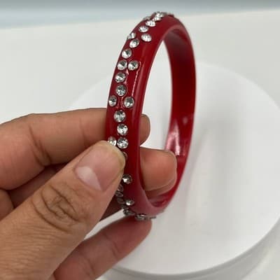 Vintage Red Lucite Style Rhinestone Bangle Bracelet Curved Accent Statement - Thumbnail 3