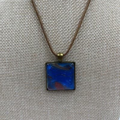 Vintage Blue Abstract Square Pendant Necklace Brown Cord Bronze Tone Frame - Thumbnail 3