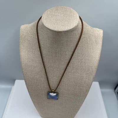 Vintage Blue Abstract Square Pendant Necklace Brown Cord Bronze Tone Frame - Thumbnail 5