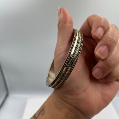Vintage Silver Tone Multi Row Beaded Bangle Bracelet Mixed Metal Textured Retro - Thumbnail 5