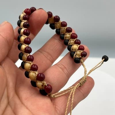 Bracelet Beaded Boho Triple Row Black Burgundy Cream Adjustable Cord Handcrafted - Thumbnail 4