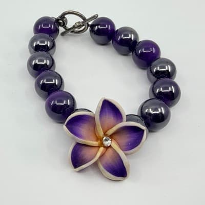 Vintage Purple Beaded Jewelry Set Tropical Flower Bracelet Hoop Earrings Boho - Thumbnail 3