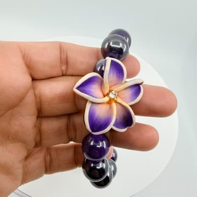 Vintage Purple Beaded Jewelry Set Tropical Flower Bracelet Hoop Earrings Boho - Thumbnail 6
