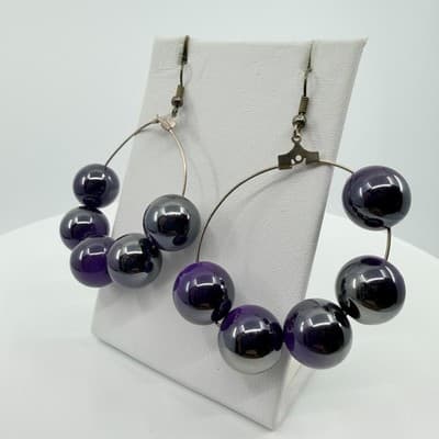Vintage Purple Beaded Jewelry Set Tropical Flower Bracelet Hoop Earrings Boho - Thumbnail 9