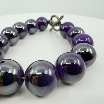 Vintage Purple Beaded Jewelry Set Tropical Flower Bracelet Hoop Earrings Boho - Thumbnail 4