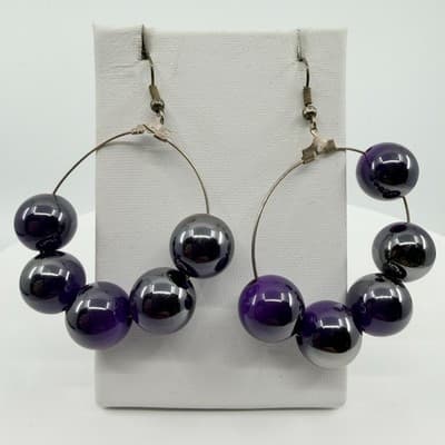 Vintage Purple Beaded Jewelry Set Tropical Flower Bracelet Hoop Earrings Boho - Thumbnail 7