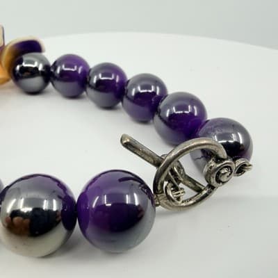 Vintage Purple Beaded Jewelry Set Tropical Flower Bracelet Hoop Earrings Boho - Thumbnail 5