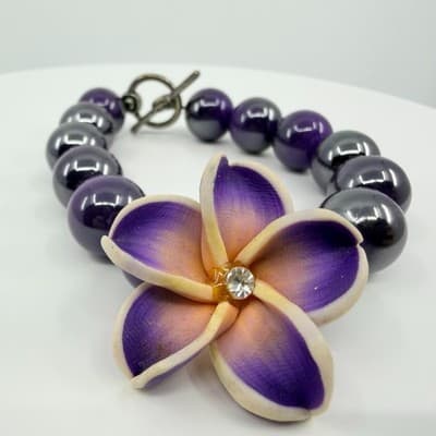 Vintage Purple Beaded Jewelry Set Tropical Flower Bracelet Hoop Earrings Boho - Thumbnail 2