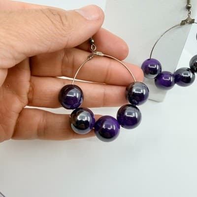 Vintage Purple Beaded Jewelry Set Tropical Flower Bracelet Hoop Earrings Boho - Thumbnail 10