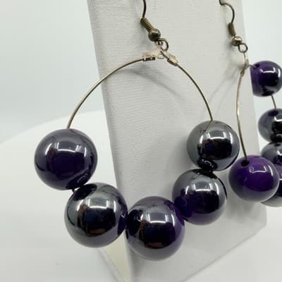 Vintage Purple Beaded Jewelry Set Tropical Flower Bracelet Hoop Earrings Boho - Thumbnail 8