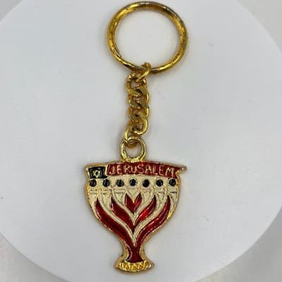 VTG Jerusalem Menorah Keychain Red Enamel Gold Tone Judaica Souvenir Key Ring