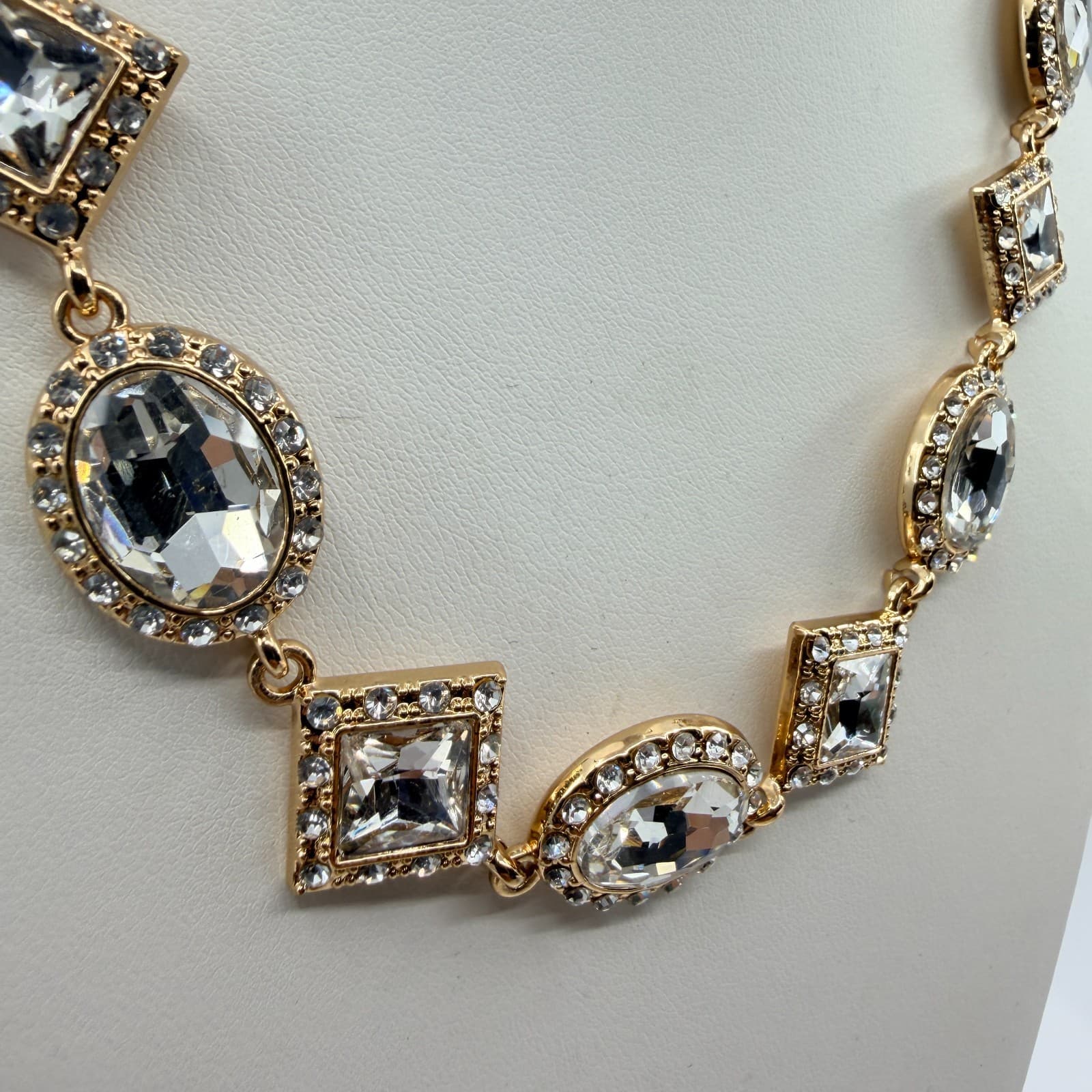 Vintage Gold Tone Clear Crystal Jewelry Geometric Statement Necklace Bracelet - Thumbnail 5