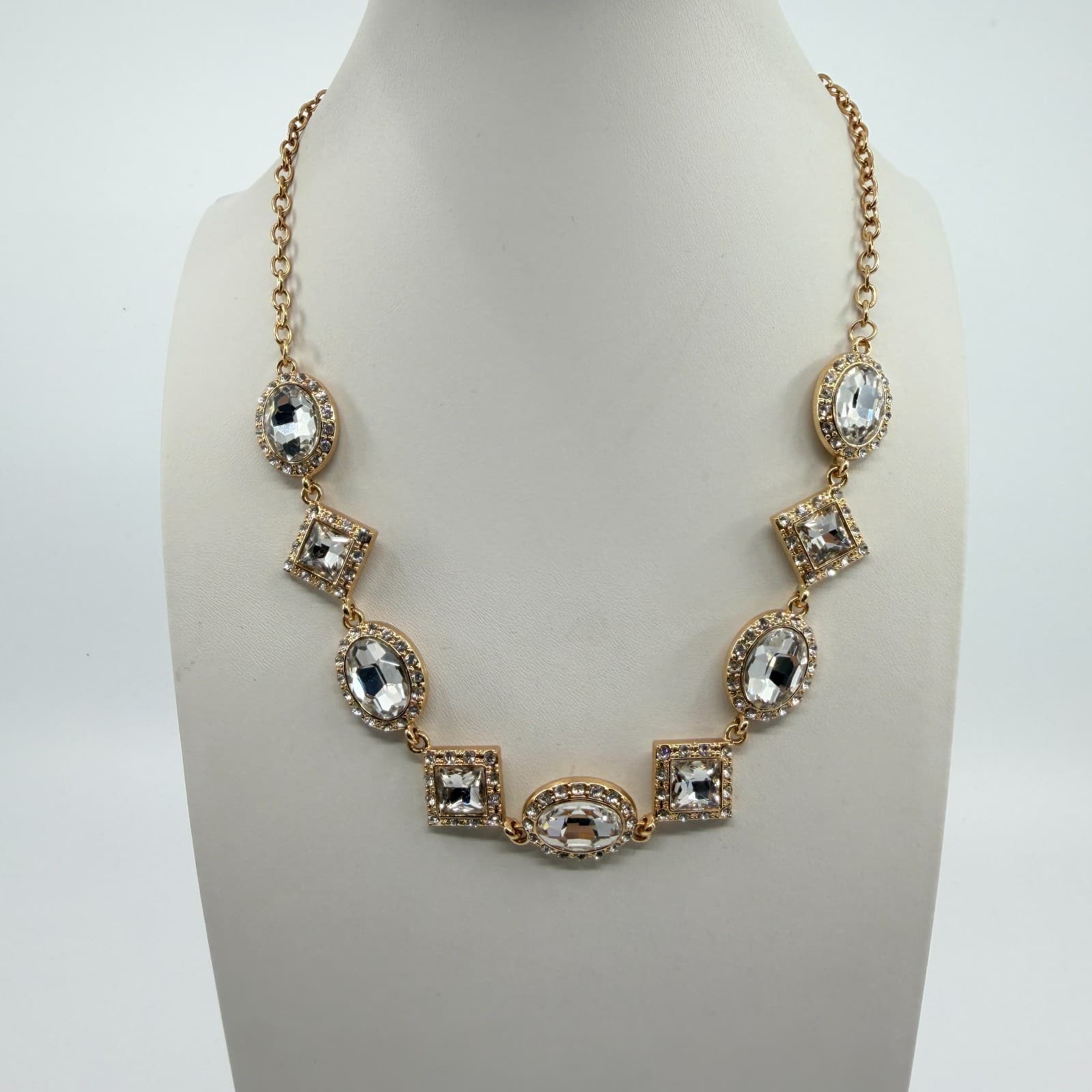 Vintage Gold Tone Clear Crystal Jewelry Geometric Statement Necklace Bracelet - Thumbnail 6