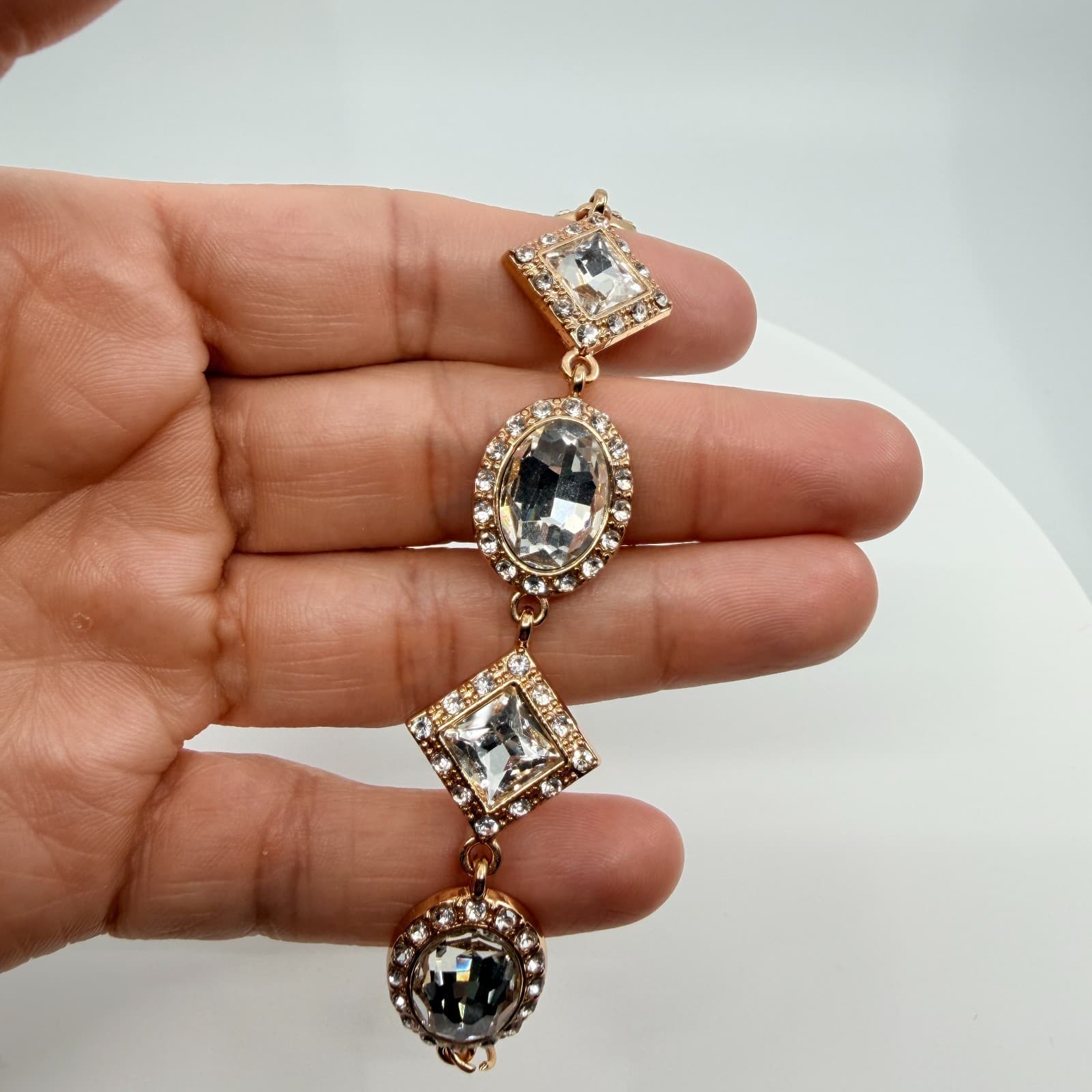 Vintage Gold Tone Clear Crystal Jewelry Geometric Statement Necklace Bracelet - Thumbnail 12