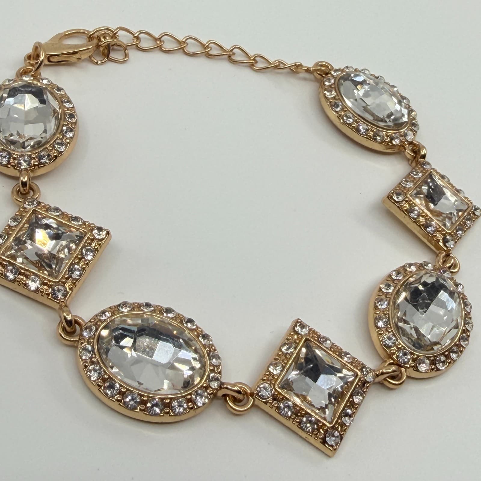 Vintage Gold Tone Clear Crystal Jewelry Geometric Statement Necklace Bracelet - Thumbnail 10