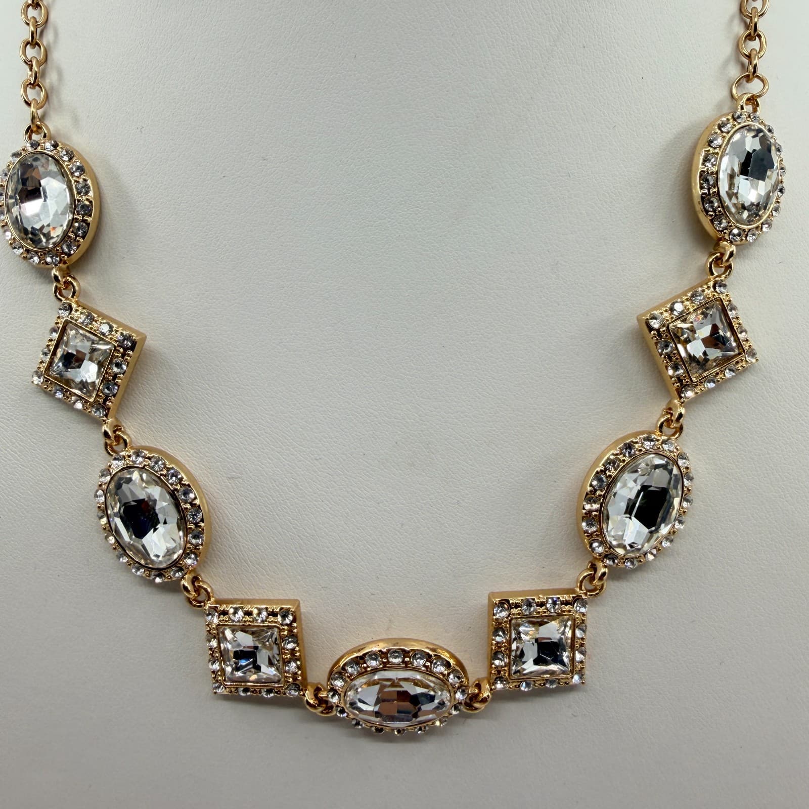 Vintage Gold Tone Clear Crystal Jewelry Geometric Statement Necklace Bracelet - Thumbnail 3