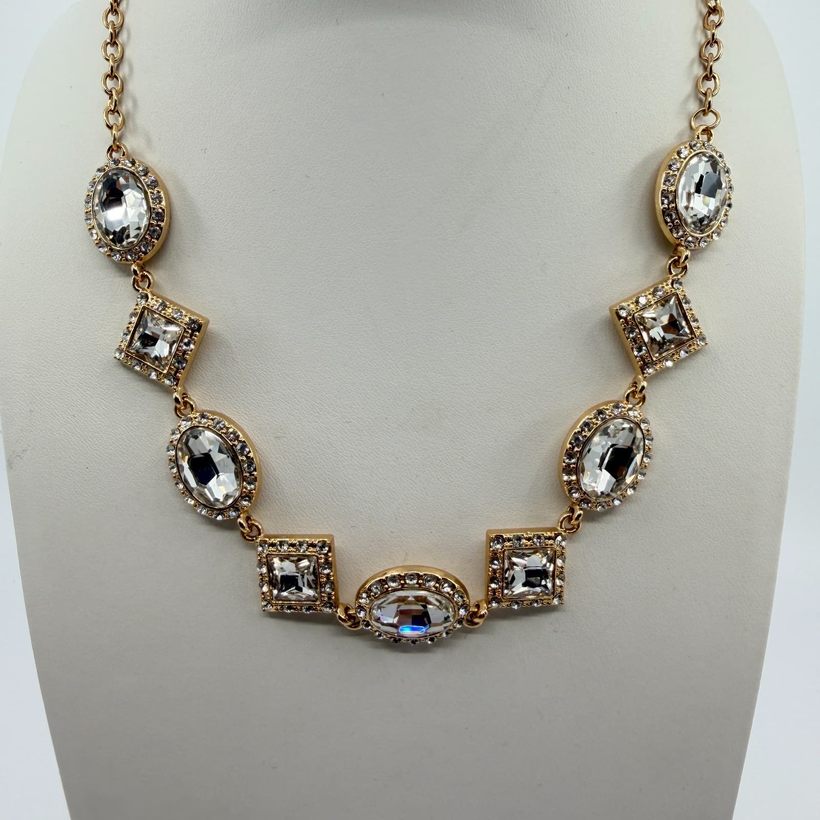 Vintage Gold Tone Clear Crystal Jewelry Geometric Statement Necklace Bracelet - Thumbnail 2