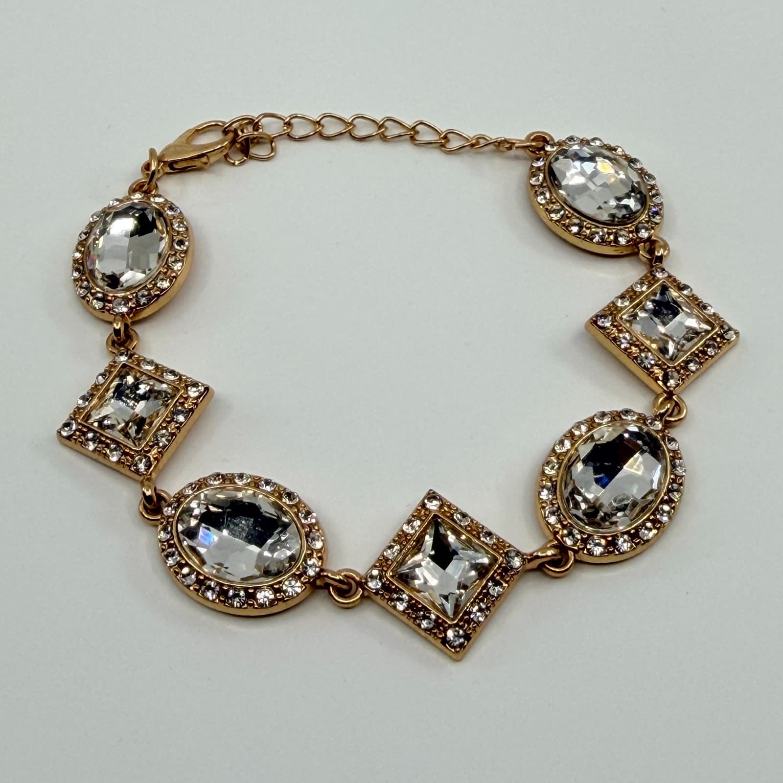 Vintage Gold Tone Clear Crystal Jewelry Geometric Statement Necklace Bracelet - Thumbnail 8