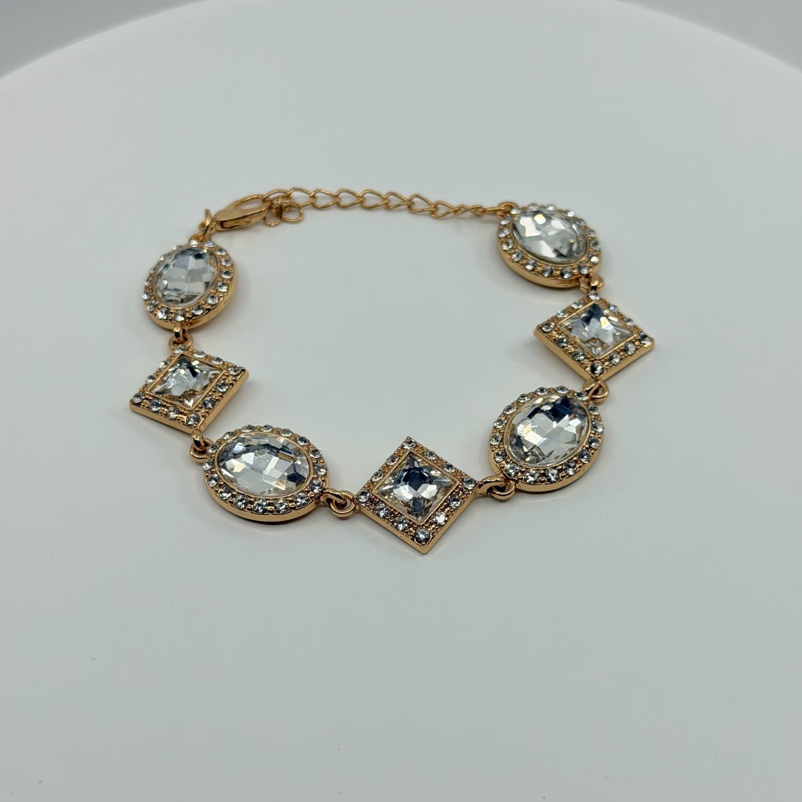 Vintage Gold Tone Clear Crystal Jewelry Geometric Statement Necklace Bracelet - Thumbnail 11
