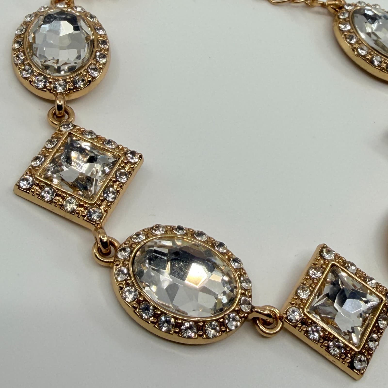 Vintage Gold Tone Clear Crystal Jewelry Geometric Statement Necklace Bracelet - Thumbnail 9