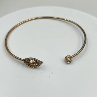 Vintage Gold Tone Open Cuff Bangle Bracelet Rhinestone Pave Leaf & Round Crystal