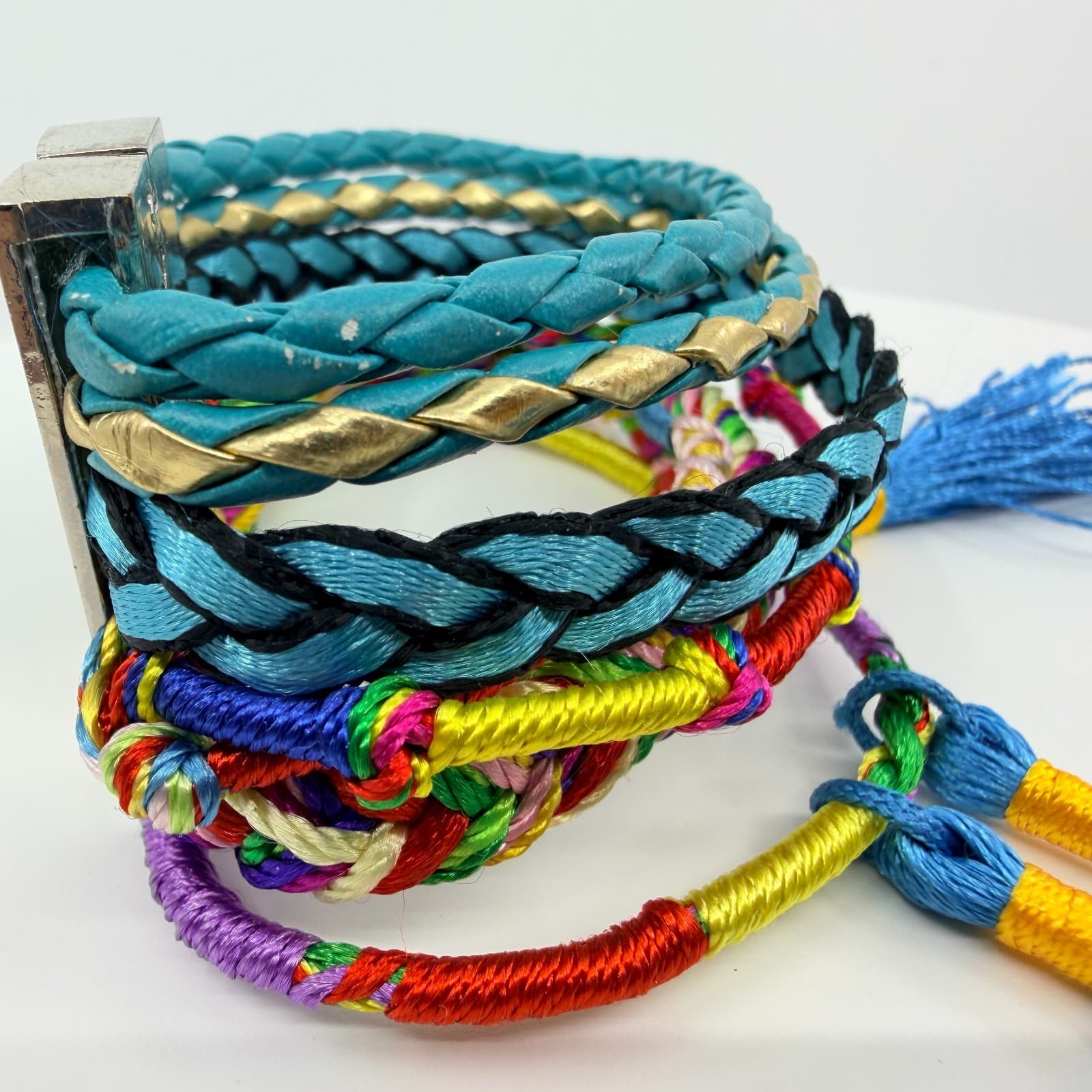 Vintage Blue Teal Multi Strand Braided Wrap Bracelet Tassels Magnetic Clasp Boho - Thumbnail 6