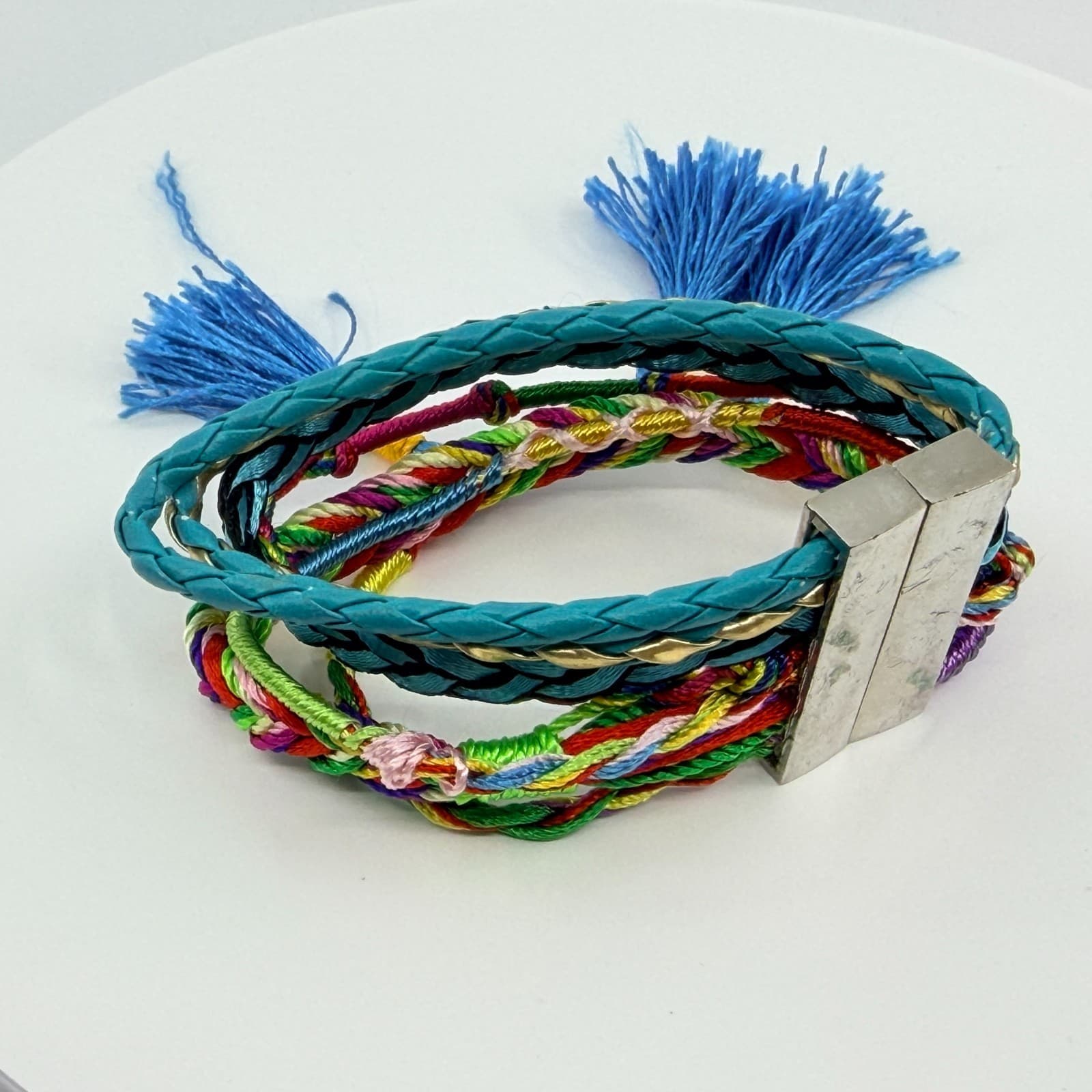 Vintage Blue Teal Multi Strand Braided Wrap Bracelet Tassels Magnetic Clasp Boho - Thumbnail 3