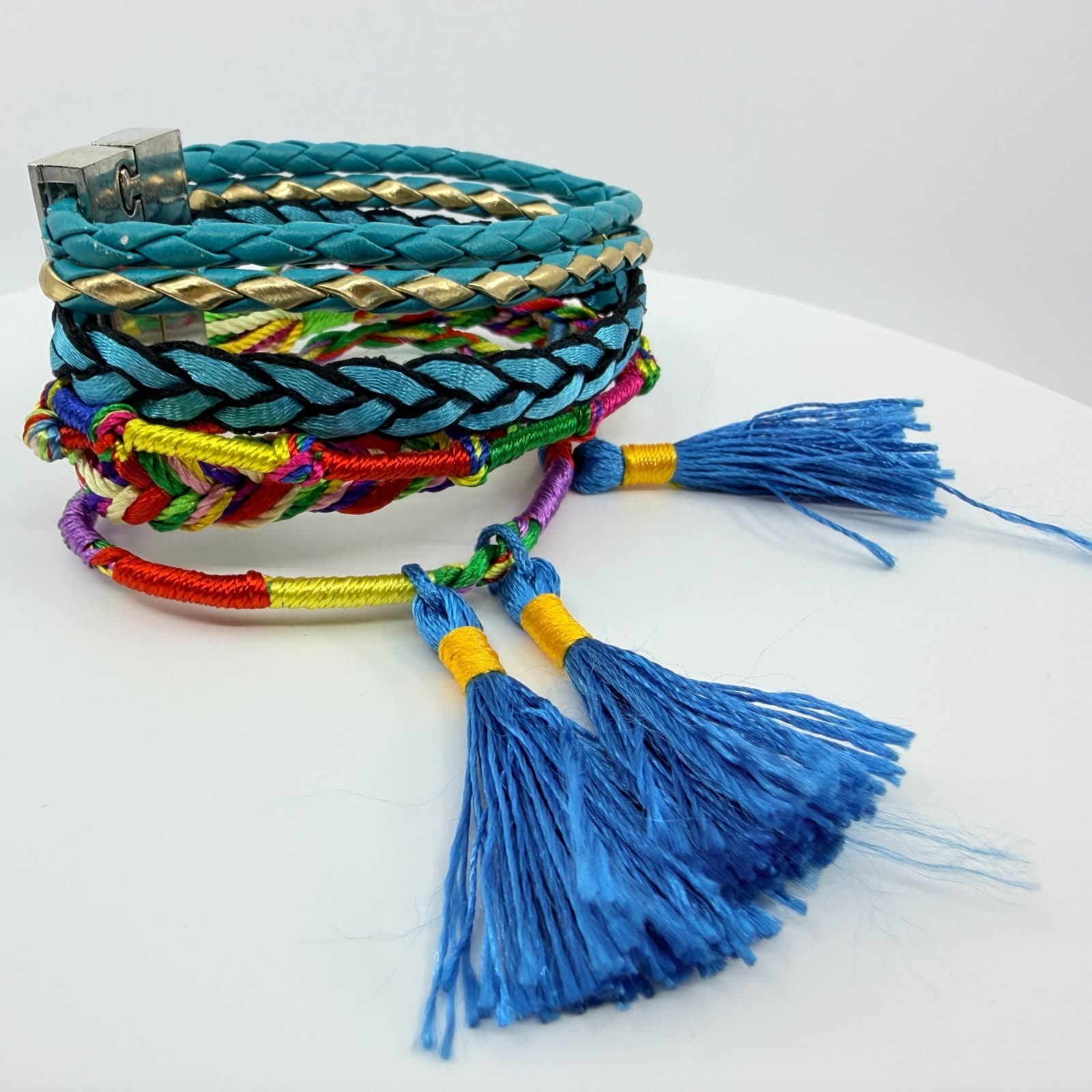 Vintage Blue Teal Multi Strand Braided Wrap Bracelet Tassels Magnetic Clasp Boho - Thumbnail 7