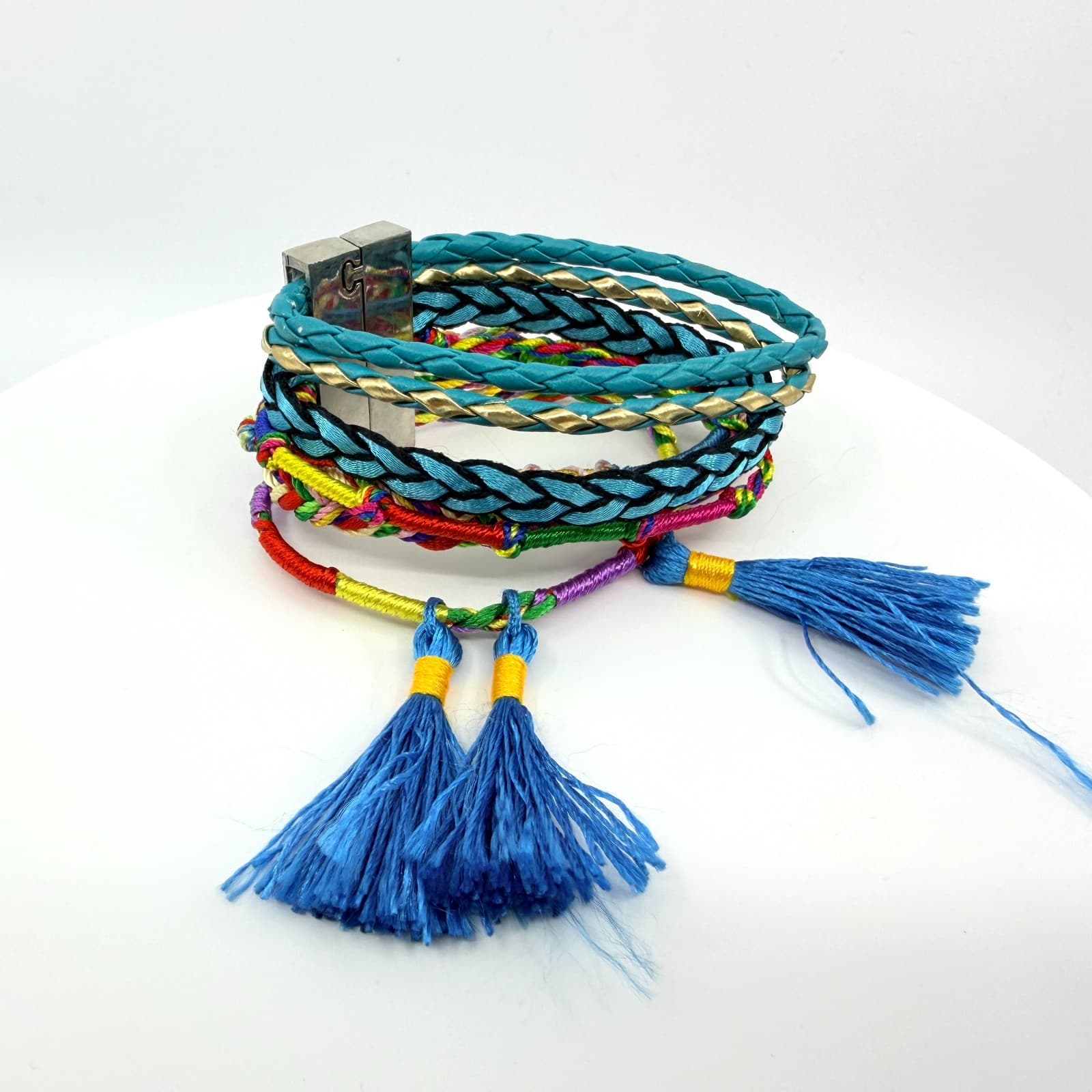 Vintage Blue Teal Multi Strand Braided Wrap Bracelet Tassels Magnetic Clasp Boho - Thumbnail 2